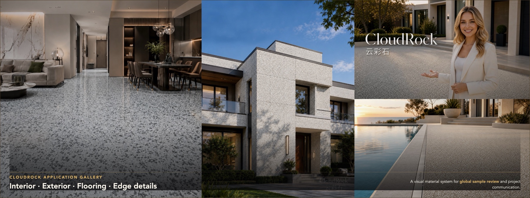 CloudRock interior flooring, exterior wall, outdoor edge detail, and brand application gallery